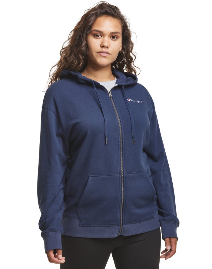 Champion Womens Hoodie NZ - Plus Campus French Terry Zip Embroidered Logo Navy ( 5924-QPAXI )